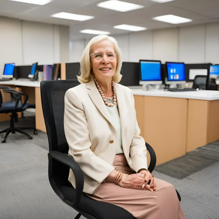 elder white american woman sitting in high tech office
