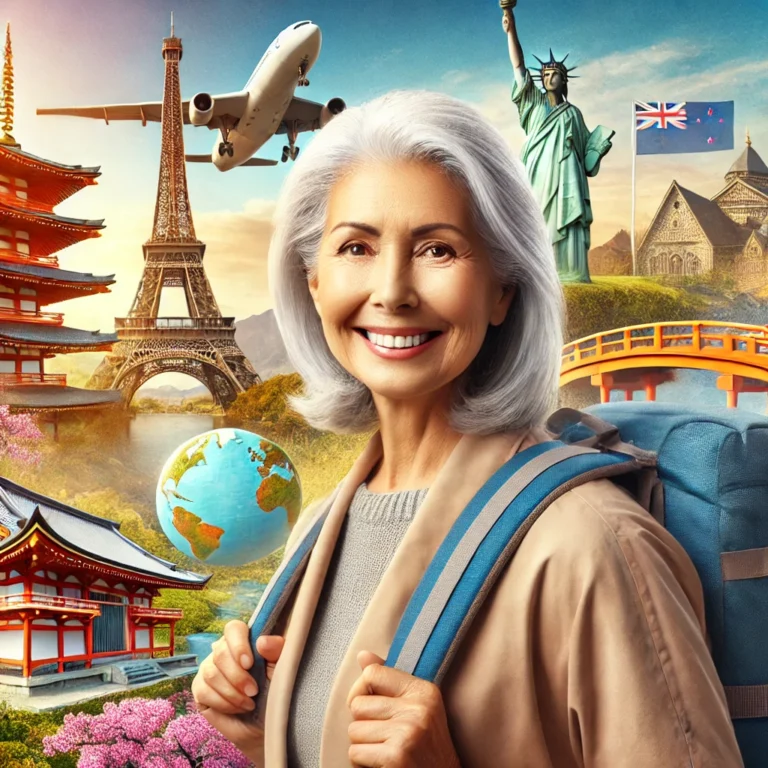 A vibrant scene depicting a senior woman , carrying a travel backpack