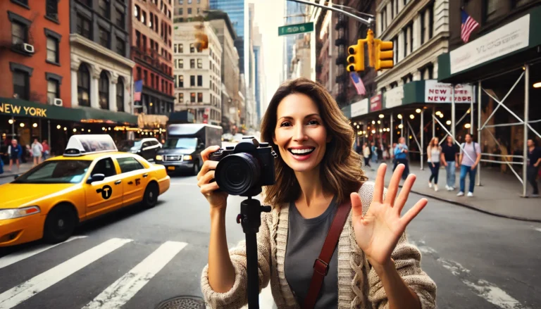 A 40-year-old woman vlogging on a bustling New York City street