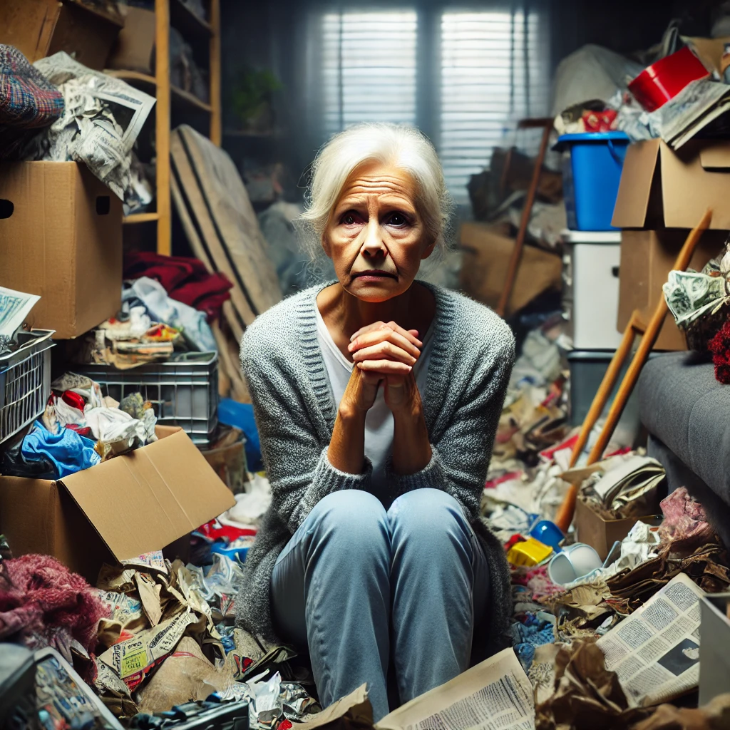 A different senior American woman sitting in a cluttered room, surrounded by piles of old belongings, boxes