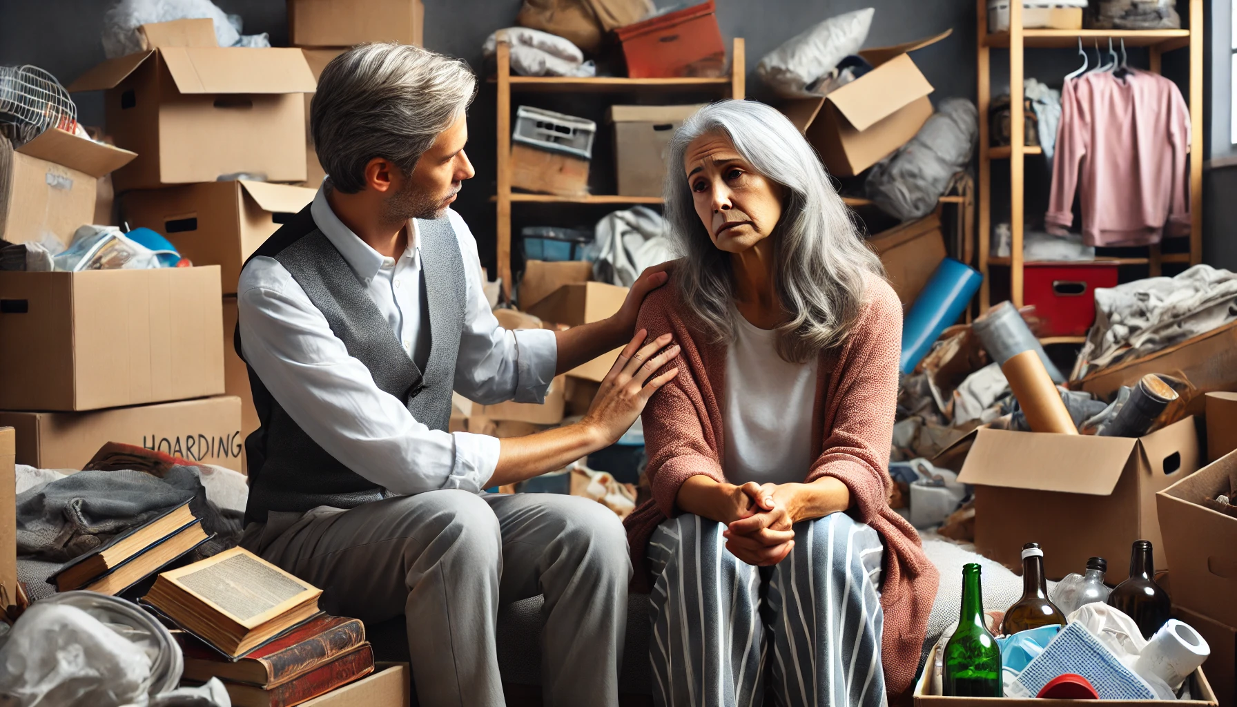 A realistic image of a senior woman in her late 60s or early 70s sitting in a cluttered room filled with hoarded items