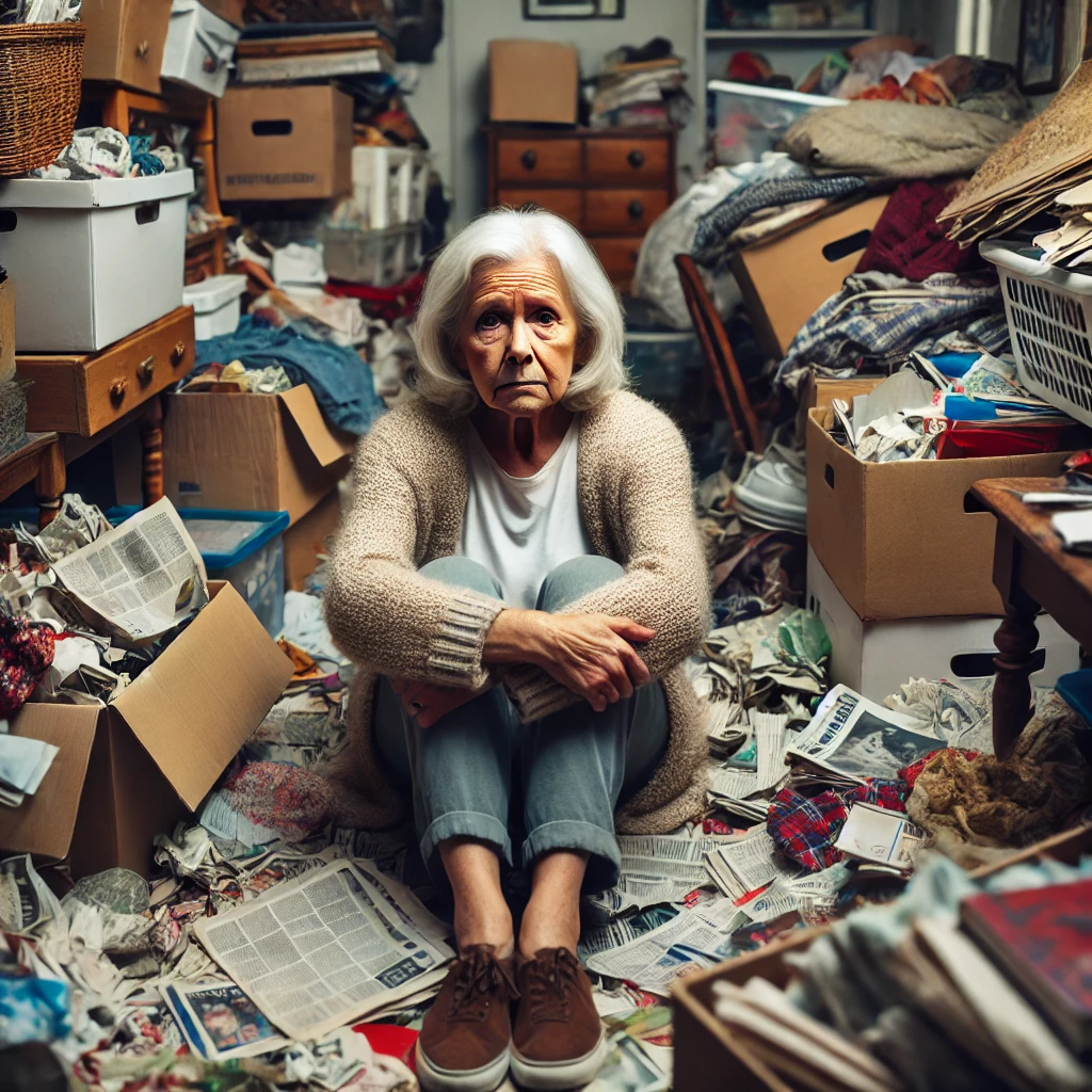 A senior woman hoarder sitting in a cluttered room