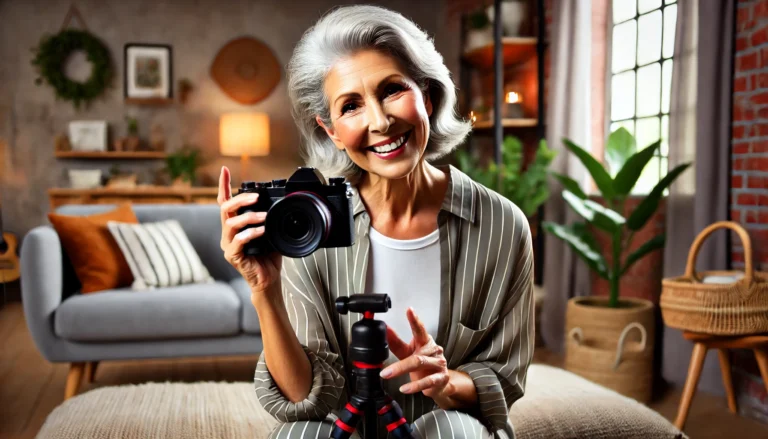 A senior woman vlogging with a camera in hand, set in a cozy home environment