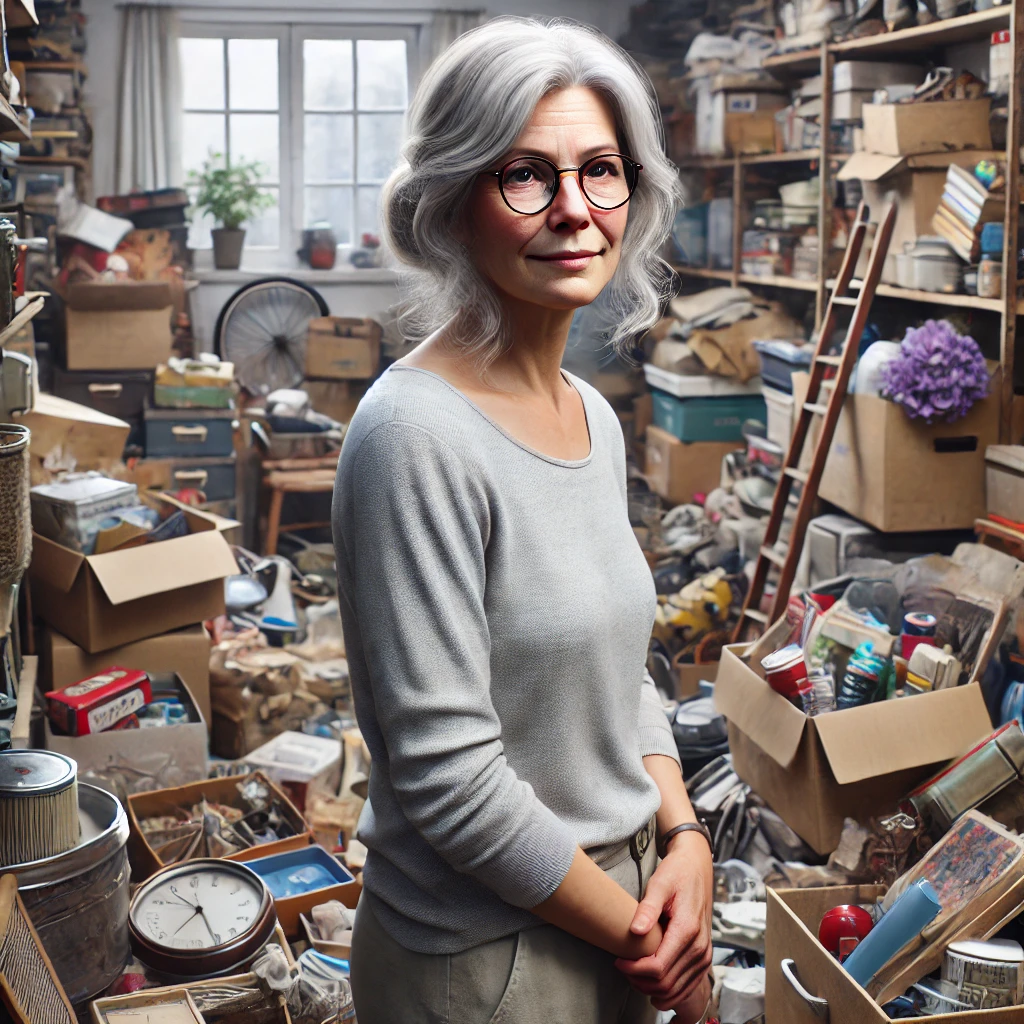 woman in a cluttered room filled with various items such as boxes, books